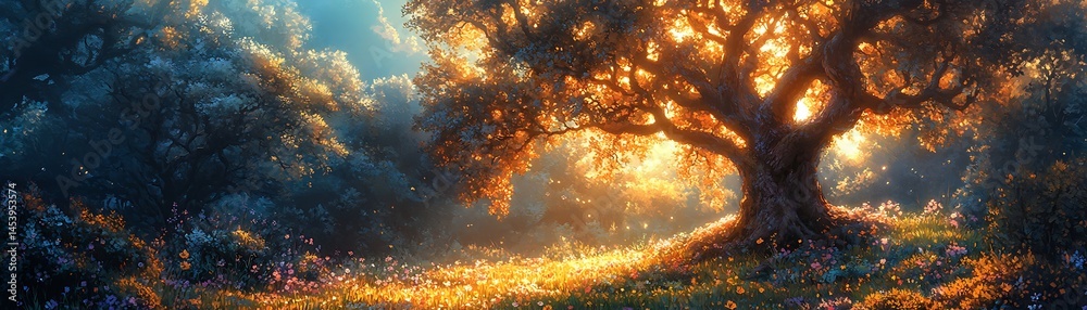 Radiant sunlit forest scene with large tree Radiant sunlit forest scene with large tree