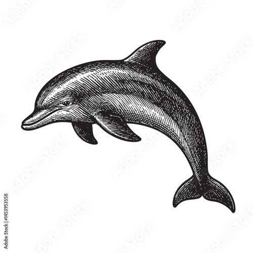 dolphin woodcut engraving vector illustration