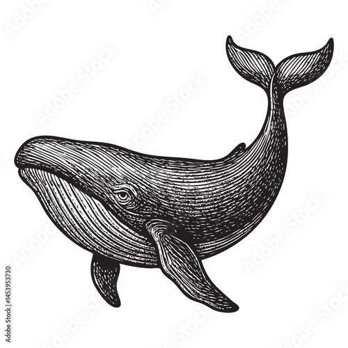 whale woodcut engraving vector illustration