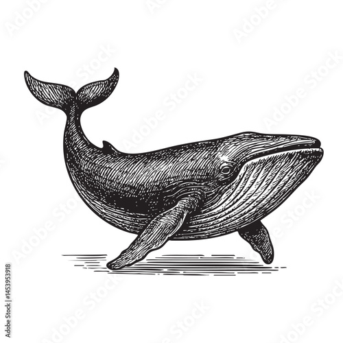 whale woodcut engraving vector illustration
