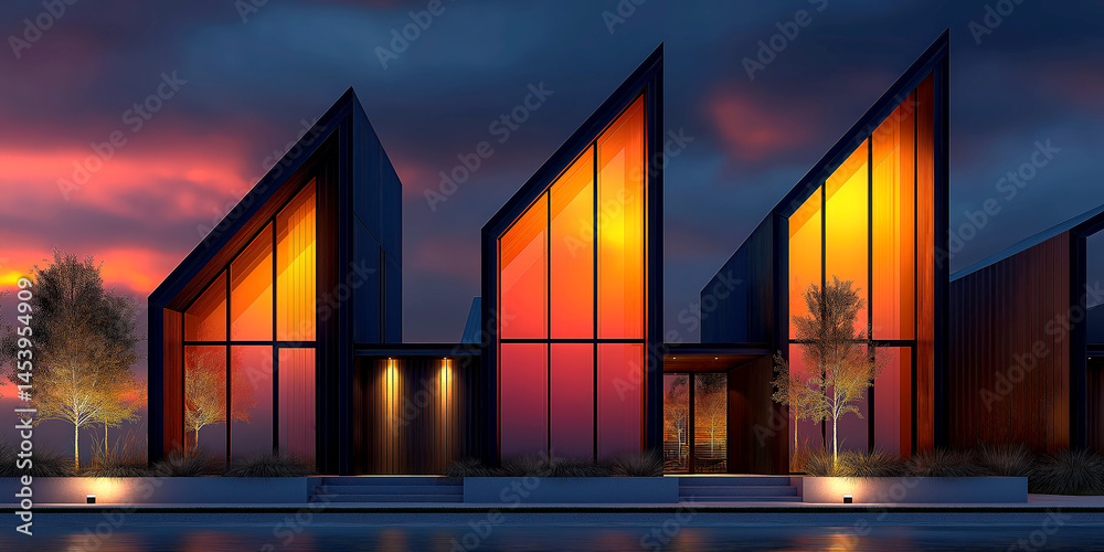 Fototapeta premium Modern architectural marvel showcasing triangular structures illuminated by warm glow, vibrant sunset hues enhancing scene.