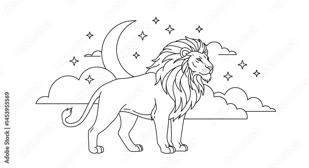 Obraz premium Majestic Lion Under Crescent Moon, AI-Generated Line Art
