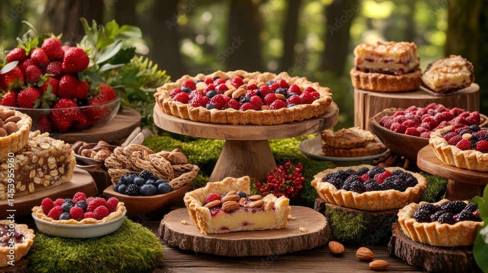 Fototapeta premium Assorted Baked Pastries and Fresh Berries Displayed on Rustic Wooden Table in Natural Outdoor Setting