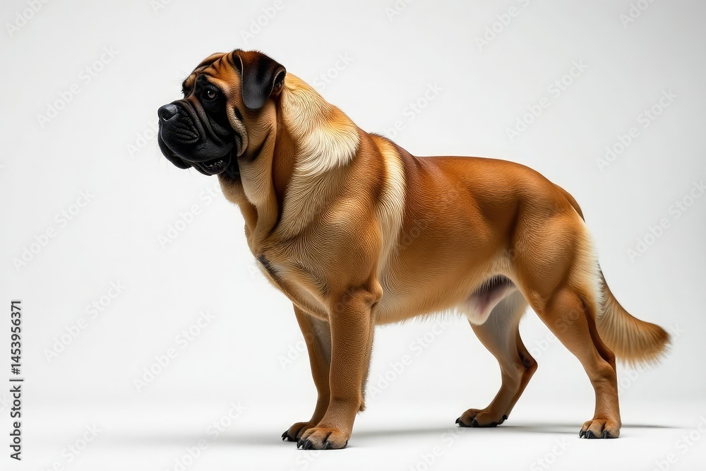 Obraz premium Majestic mastiff, powerful stance, white background, mastiff, coat, canine photography