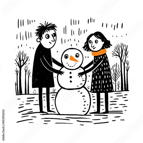 Hand Drawn Doodle Illustration of Children Building a Snowman