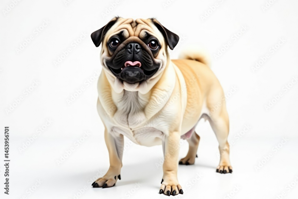 Obraz premium Playful pug, standing, facing forward, pure white background, fawn pug, playful