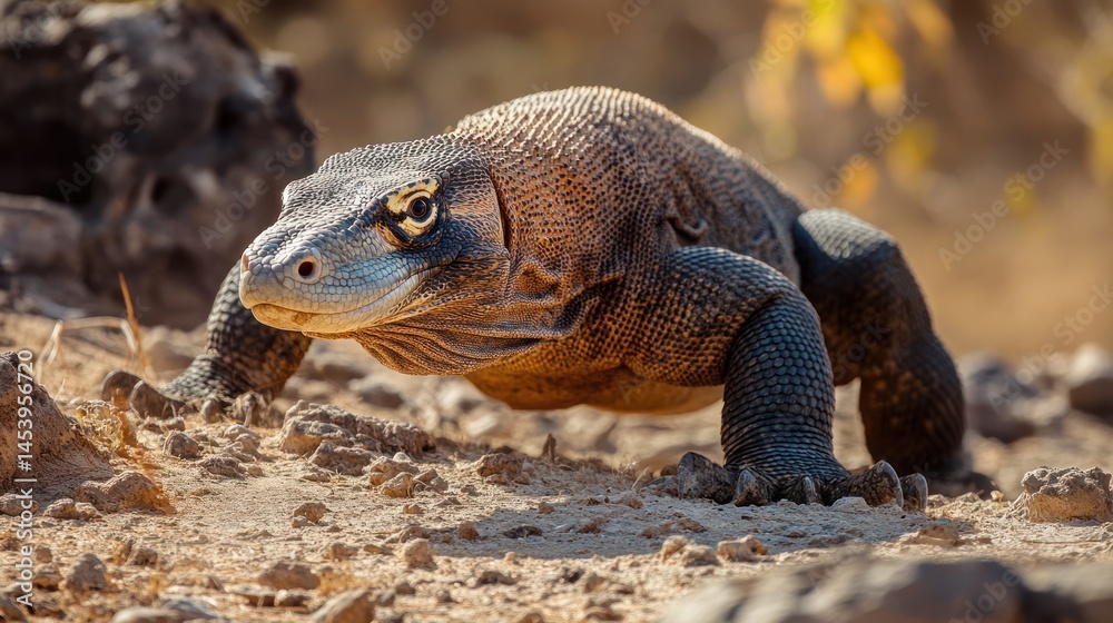 Obraz premium Komodo dragon resting in its natural environment during golden hour