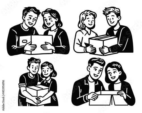 Hand-Drawn Line Art of People Exchanging Packages and Gifts