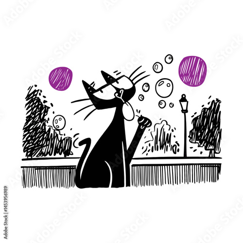 Hand-drawn Doodle Cat Enjoying Bubbles in Urban Landscape Illustration