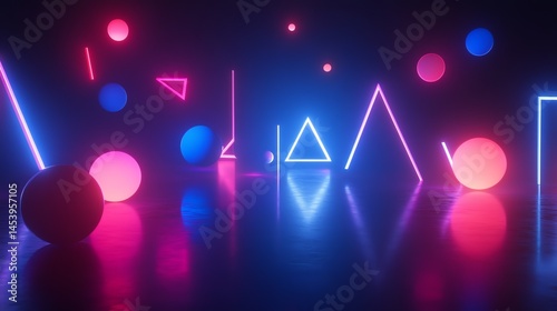 3D render of neon geometric shapes scattered on a dark blue background with bright pink reflections.