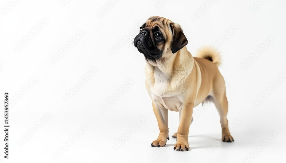 Single brown pug, facing forward, pure white background , one, breed Single brown pug, facing forward, pure white background , one, breed