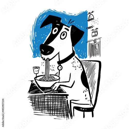 Cute Dog Illustration Enjoying a Bowl of Spaghetti in Doodle Style