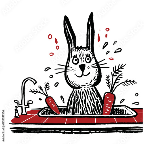 Whimsical Hand-Drawn Doodle of a Bunny in a Sink