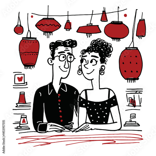 Hand-Drawn Doodle of a Couple in a Cozy Caf? Setting