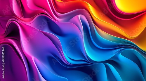Digital illustration of fluid, undulating waves in vibrant shades of blue, purple, and orange.
