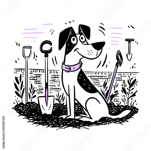 Cute Hand-Drawn Doodle of Dog in Garden with Gardening Tools