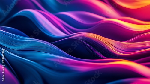 3D render of undulating, vibrant waves in shades of blue, pink, and gold against a dark background.