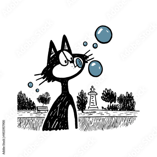 Playful Cat Doodle Blowing Bubbles in Hand-Drawn Illustration
