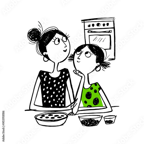Hand Drawn Doodle of Two Girls Cooking Together in Kitchen Scene