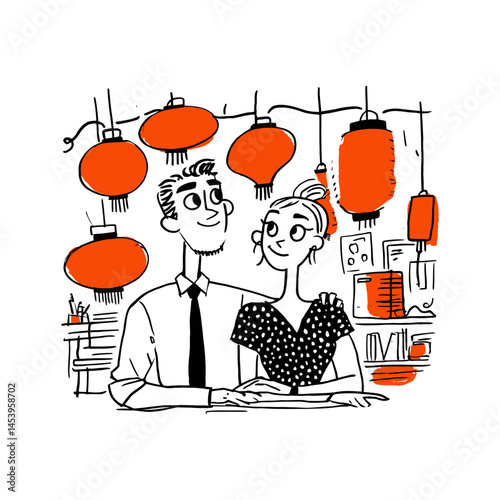Charming Hand-Drawn Doodle Illustration of a Couple in a Caf?