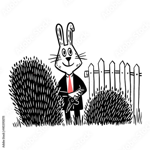Hand-Drawn Doodle of a Rabbit in a Suit Standing by a Fence