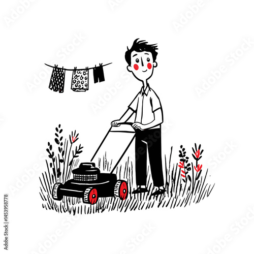 Charming Hand-Drawn Illustration of a Boy Mowing the Lawn