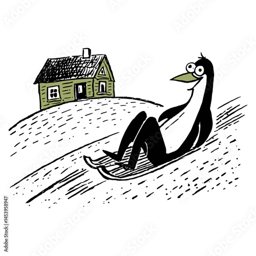 Hand Drawn Penguin Sledding Illustration with a Cozy House in Background