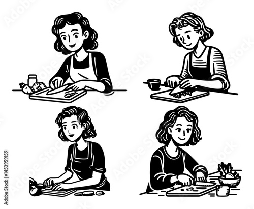 Hand-Drawn Lineart Illustration of Cooking Activities and Food Prep