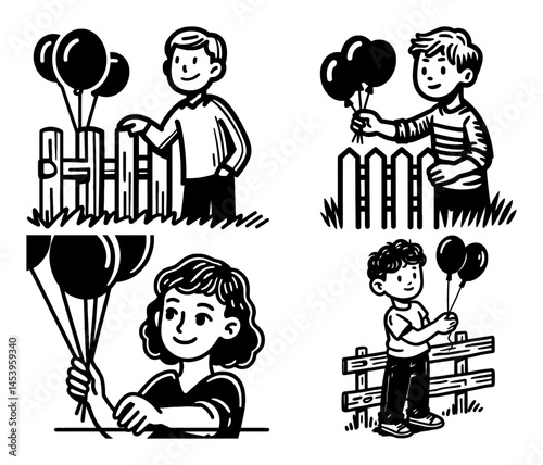 Hand Drawn Illustration of Children with Balloons in Various Poses