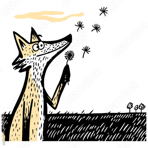 Whimsical Hand-Drawn Doodle of a Fox Holding a Dandelion Flower