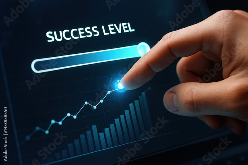 A hand interacts with a touchscreen displaying an upward graph and success level indicator symbolizing business strategy growth and decision-making efficiency