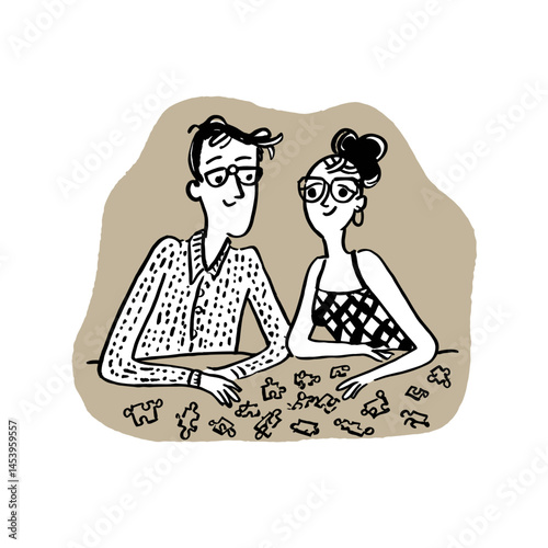 Hand-drawn Illustration of Couple Engaging in Doodle Art Activity