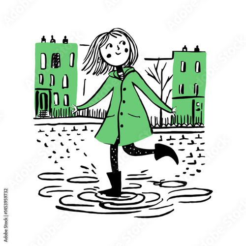 Joyful Girl Splashing in Puddle in Green Raincoat Illustration
