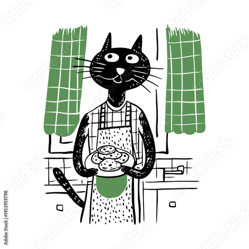 Hand-Drawn Doodle of Cat Baking Cookies in a Kitchen Scene