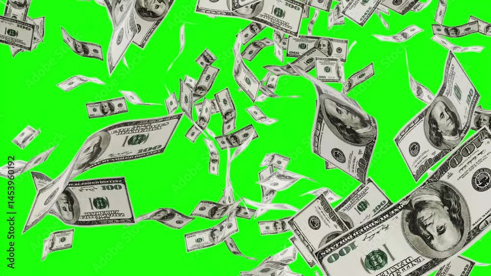 Dollar Banknotes flying animation. Falling Money effect solid color background for Overlay.