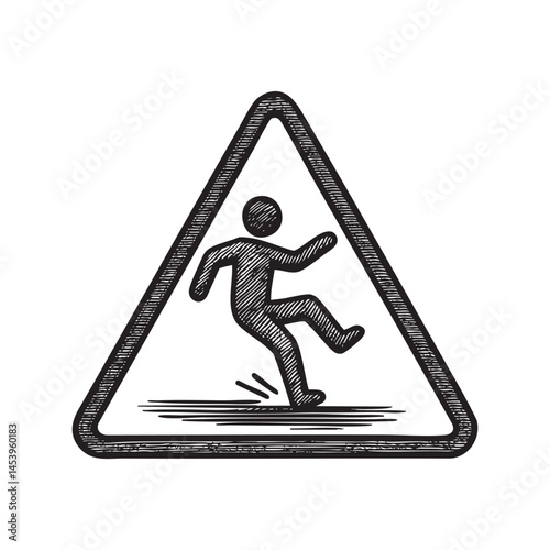 slippery surface warning sign woodcut engraving vector illustration