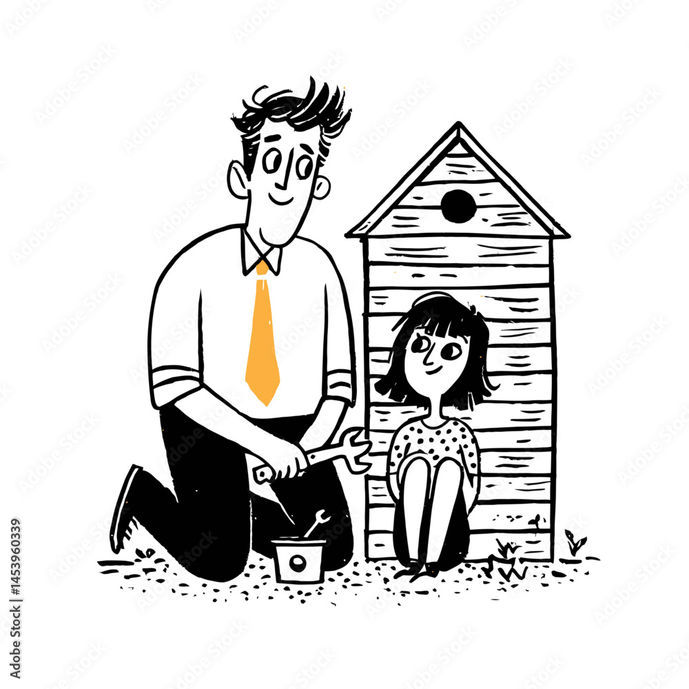Obraz premium Hand-Drawn Illustration of a Man and Girl by a Wooden Birdhouse