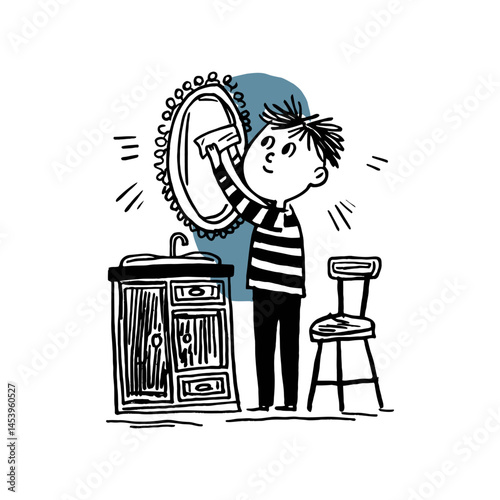 Child Cleaning Mirror in Kitchen with Hand-Drawn Style Illustration
