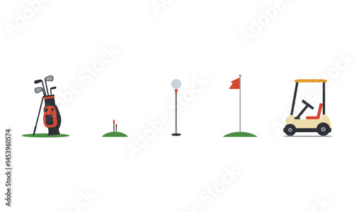 Vector illustration icon design shows a golf bag with a flag, alongside a golf club and ball, symbolizing business technology in sports