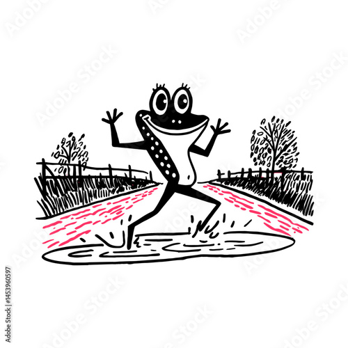 Playful Frog Jumping in a Puddle in a Hand-Drawn Doodle Style
