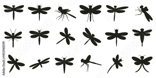Dragonfly silhouette vector illustration featuring multiple poses such as flying, resting, and perched, ideal for nature-inspired, summer-themed, and science-related design projects

