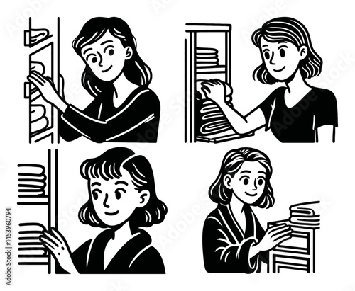 Hand-drawn Black and White Line Art of Women Organizing Towels