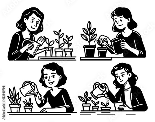 Hand-Drawn Lineart Illustration of a Woman Gardening in Four Steps