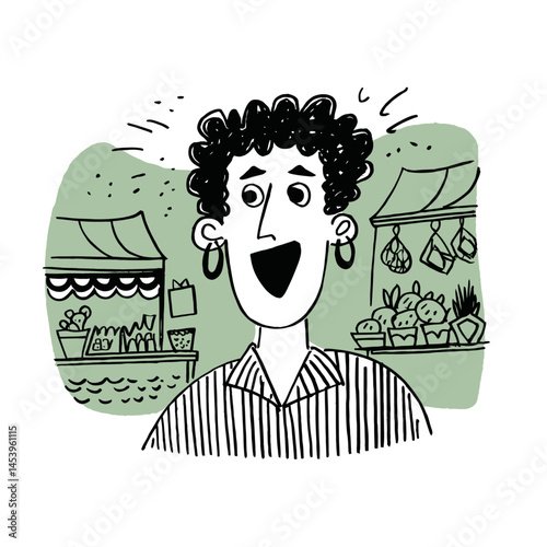 Hand-Drawn Doodle of a Laughing Person in a Market Setting