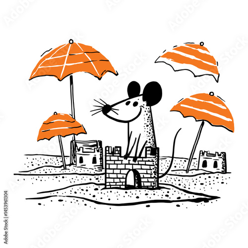Cute hand-drawn mouse doodle with beach umbrellas and sandcastle
