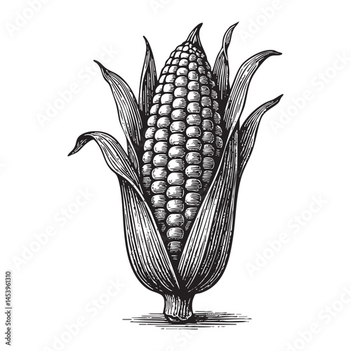 sweet corn ear maize woodcut engraving vector illustration