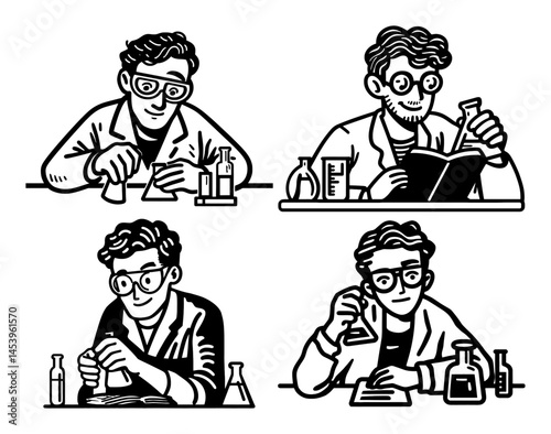 Hand Drawn Lineart Illustration of Scientist Conducting Experiments