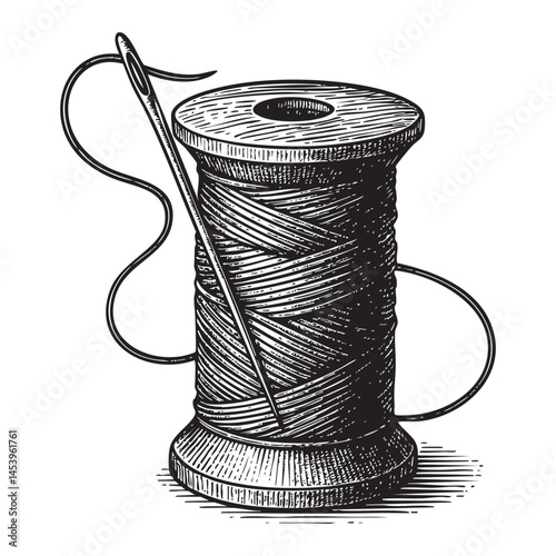 thread and needle woodcut engraving vector illustration