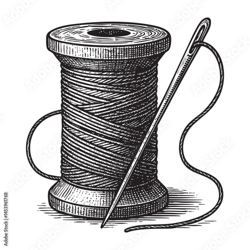 thread and needle woodcut engraving vector illustration