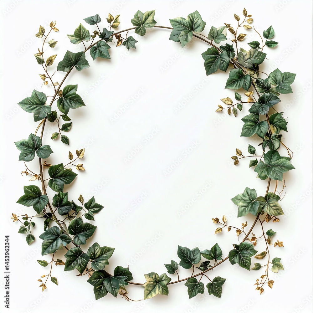 Fototapeta premium Ivy Wreath Green Golden Leaves on White